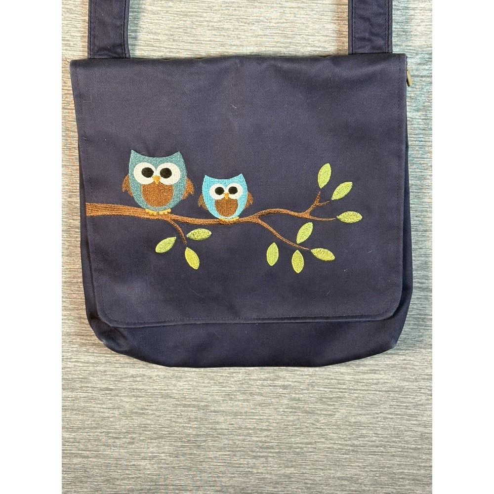 Red Blossom Loving Owl Messenger Bag Purse Navy Blue Cavas Embroidered